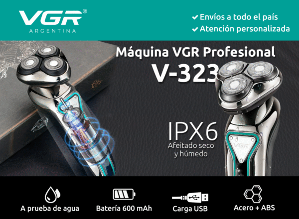 Afeitadora Eléctrica Hombre Shaver Vgr V-323 Usb Ideal Viaje Negro - Image 3