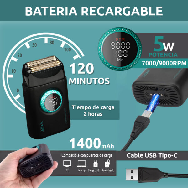 Afeitadora Eléctrica shaver vgr v-377 titanio 9000 rpm usb - Image 3