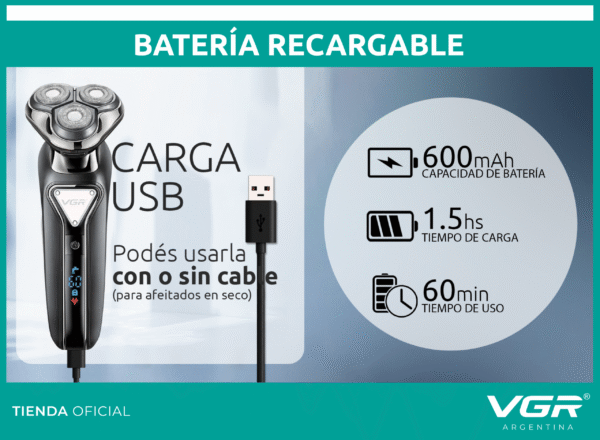 Afeitadora Eléctrica Hombre Shaver Vgr V-323 Usb Ideal Viaje Negro - Image 6