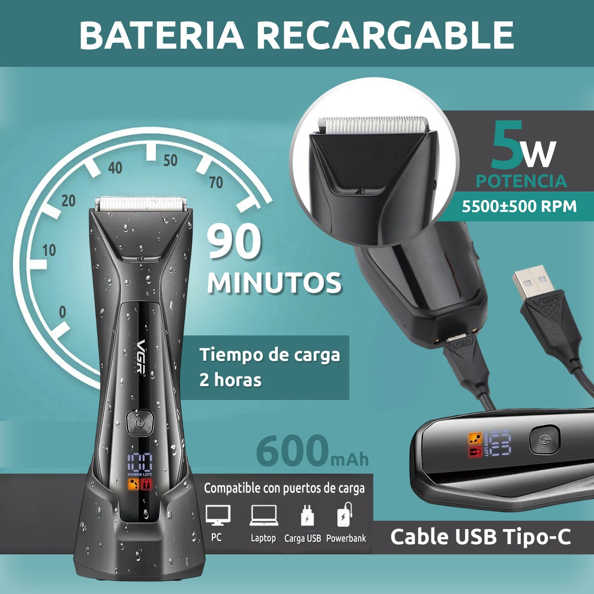 Máquina Cortar Pelo Corporal Íntima VGR V-938 Luz Led IPX7 - Image 3
