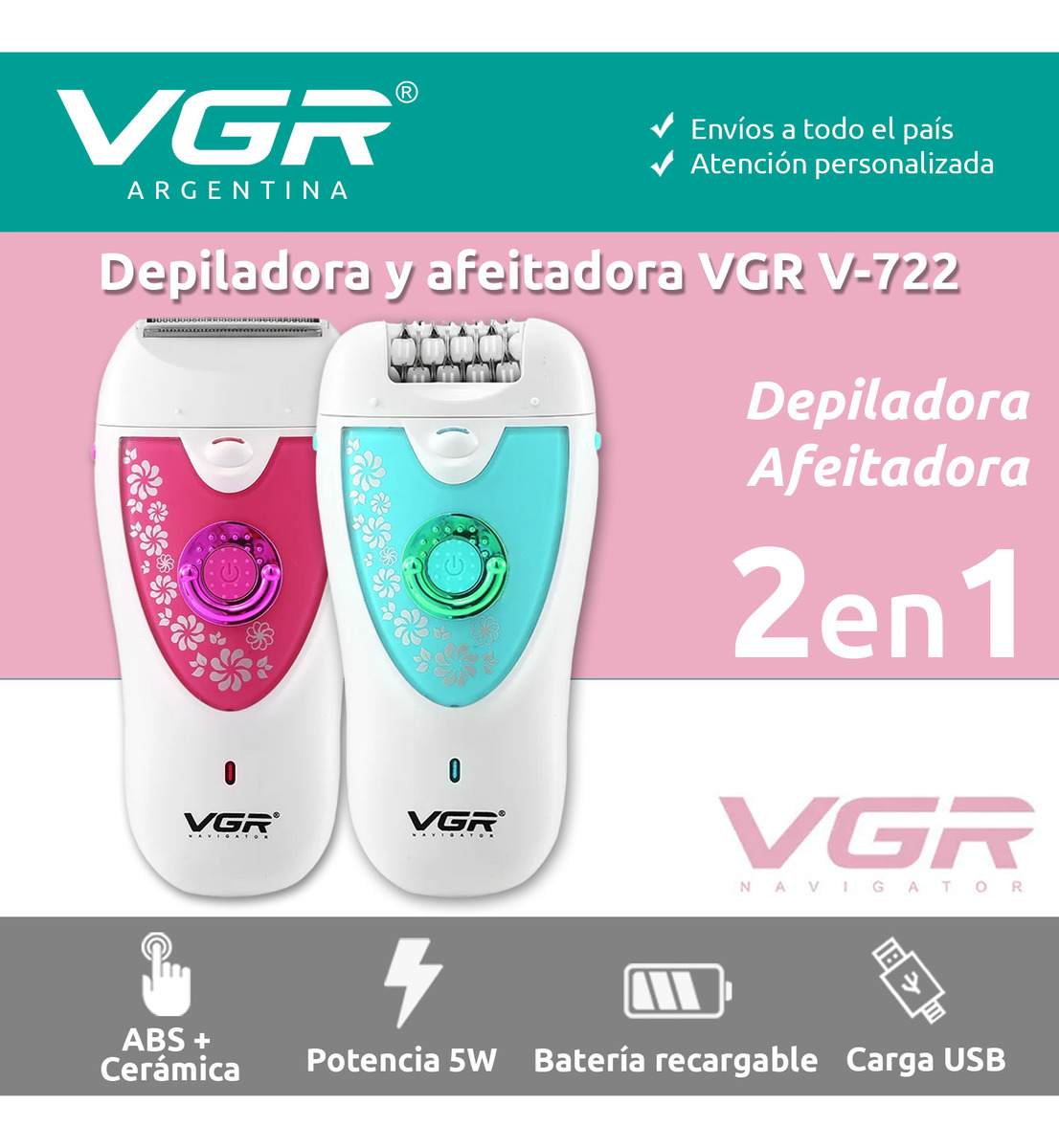 Depiladora Eléctrica Mujer VGR V-722 Cara Cuerpo Cejas 2en1 Verde - Image 2