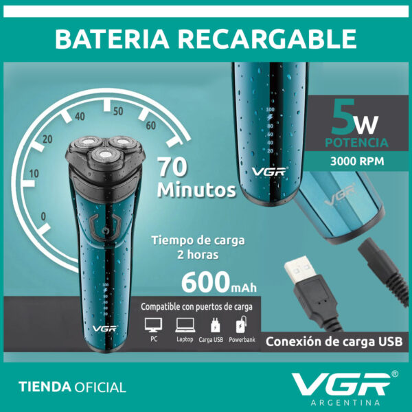 Afeitadora Eléctrica Hombre VGR V-322 Patillera 2en1 Usb Azul - Image 3