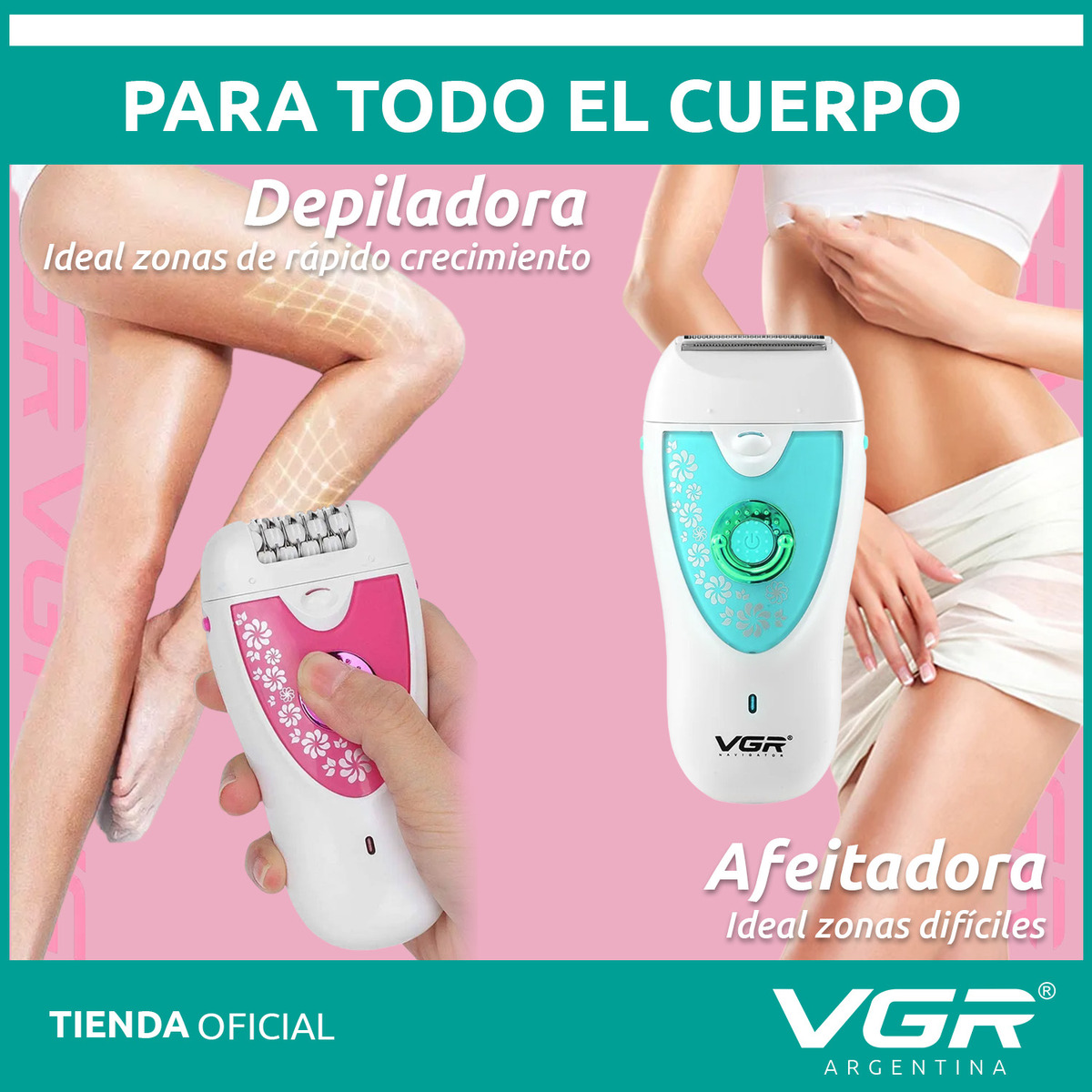 Depiladora Eléctrica Mujer VGR V-722 Cara Cuerpo Cejas 2en1 Verde - Image 6