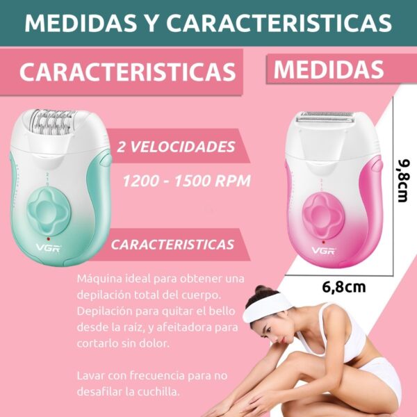 Depiladora Eléctrica Mujer Facial Corporal 2en1 VGR V-727 - Image 7