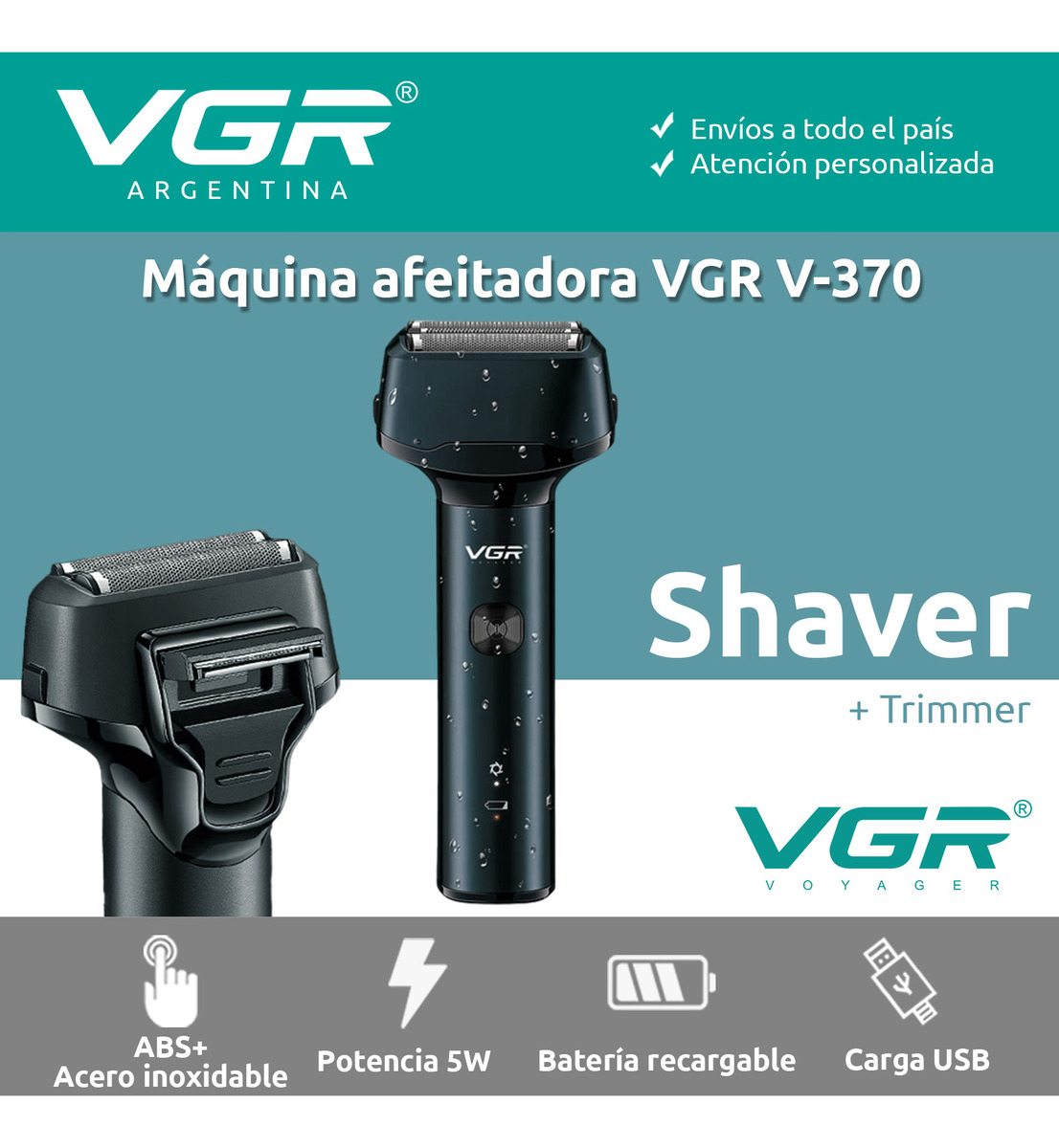 Afeitadora Eléctrica VGR V-370 Patillera 2en1 Impermeable Azul - Image 2