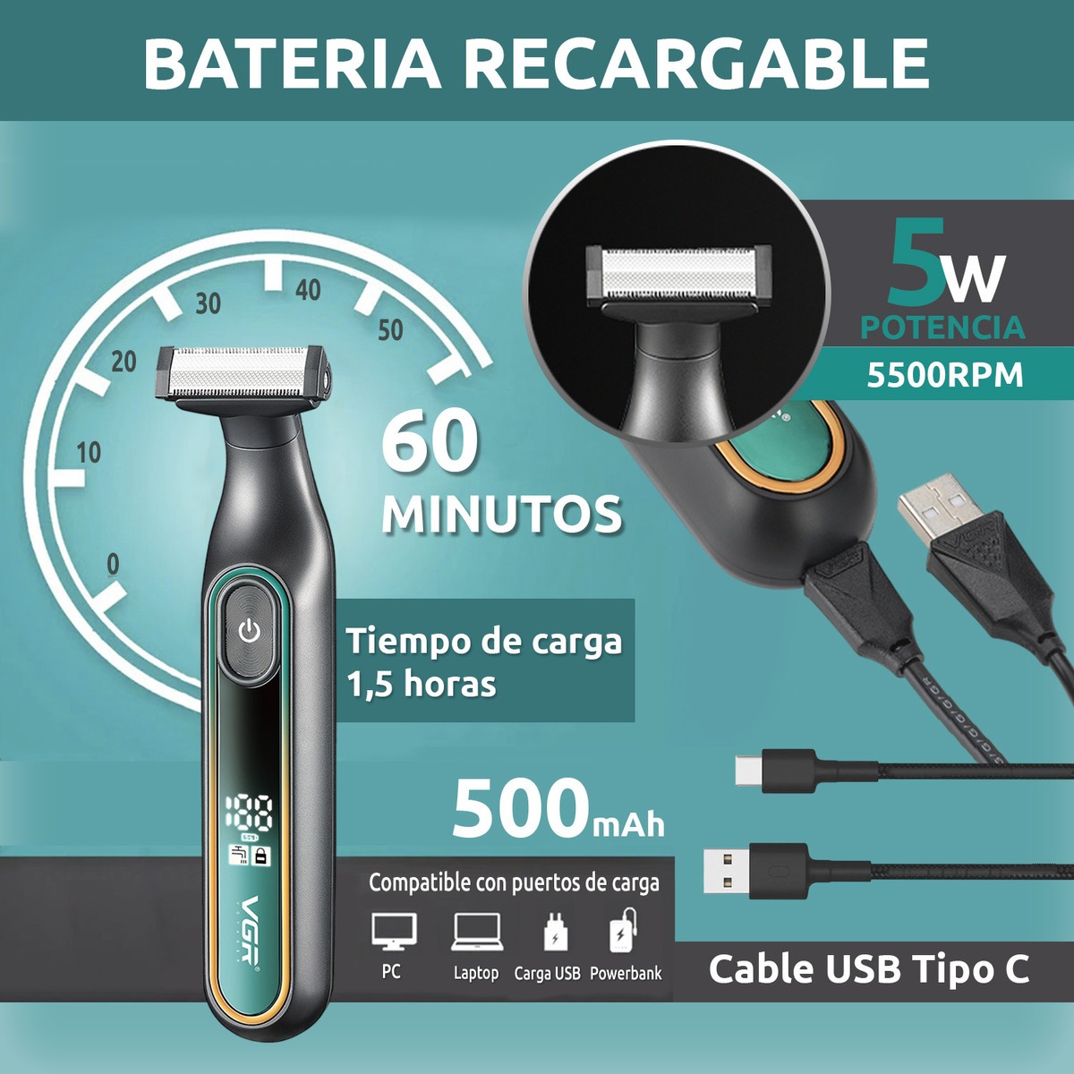 Afeitadora Eléctrica Hombre Trimmer Corporal VGR V-360 IPX6 - Image 3