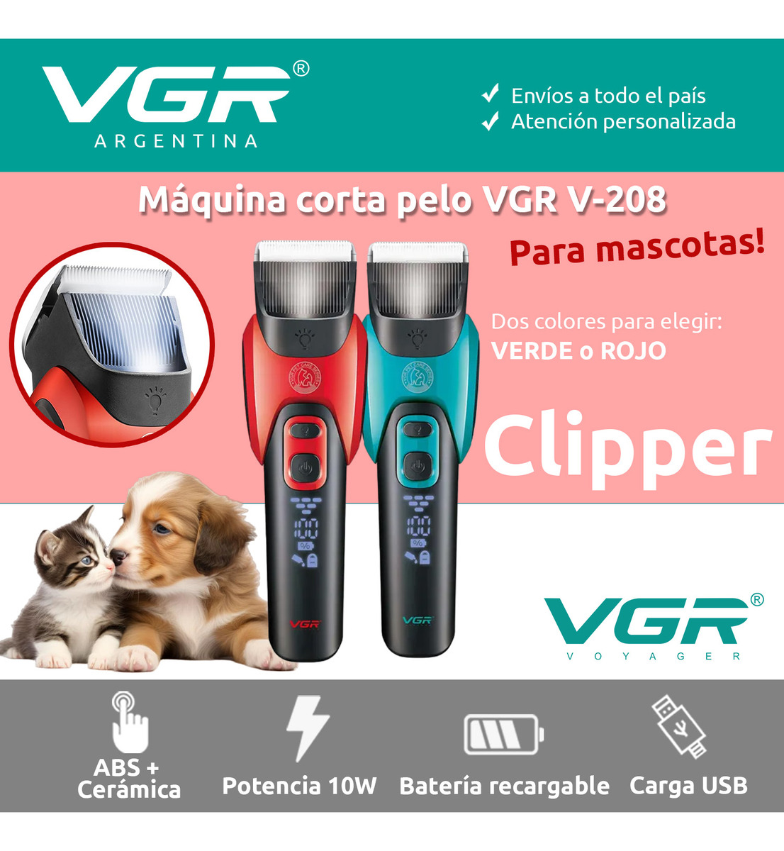 Máquina Cortar Pelo Perros Mascotas VGR V-208 Luz Cerámica Azul - Image 2