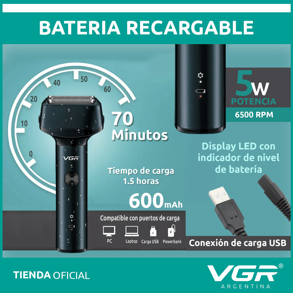 Afeitadora Eléctrica VGR V-370 Patillera 2en1 Impermeable Azul - Image 3