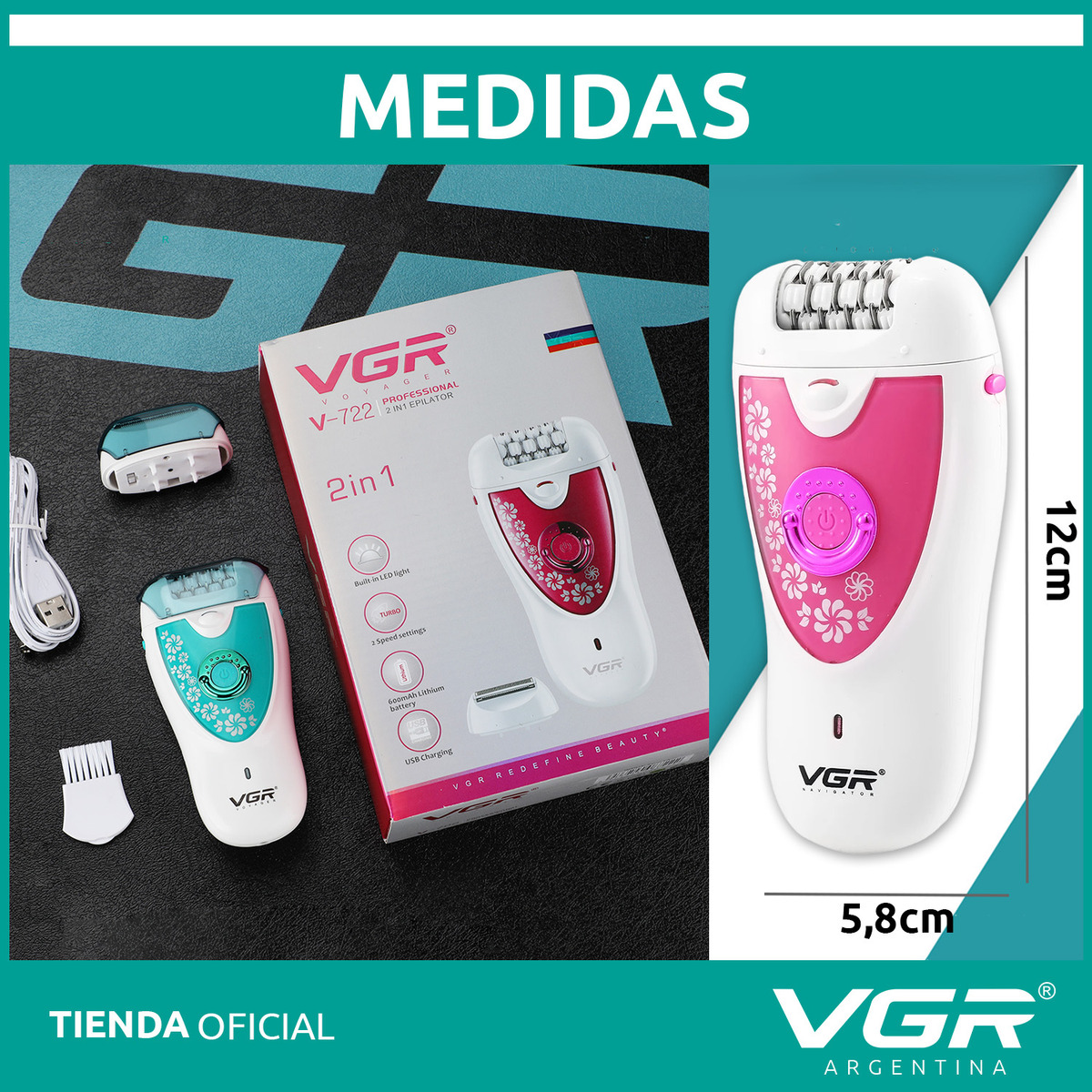 Depiladora Eléctrica Mujer VGR V-722 Cara Cuerpo Cejas 2en1 Verde - Image 7