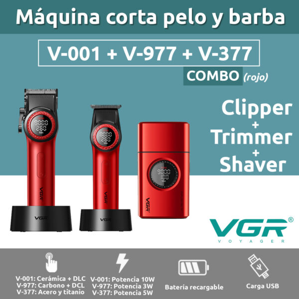 Combo Barbería Vgr Clipper V-001 + Afeitadora V-377 + V-977 Rojo - Image 2