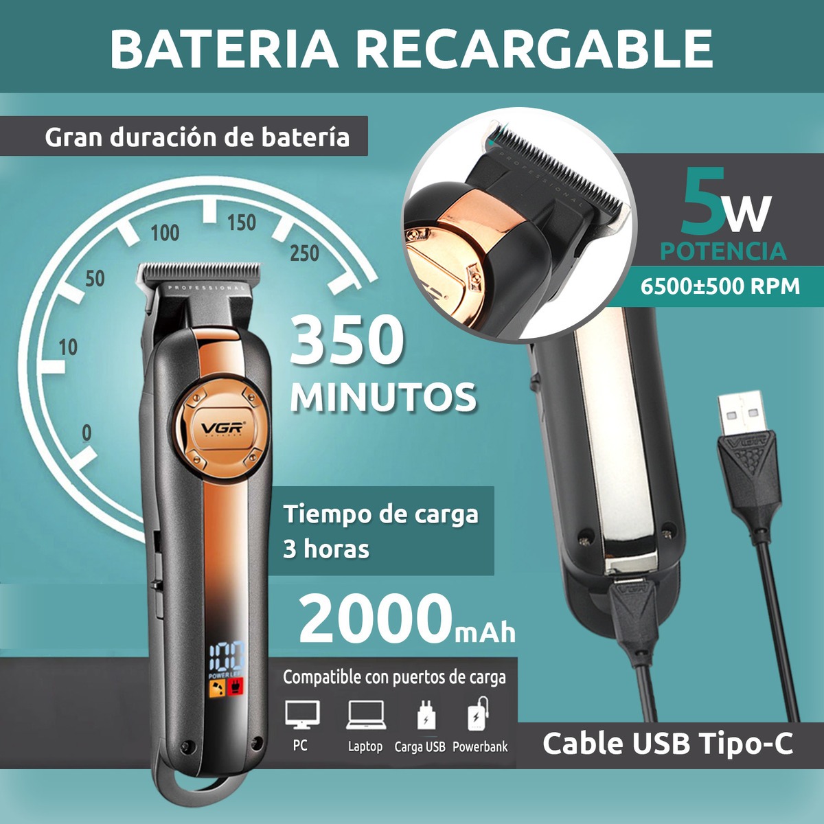 Máquina Patillera Trimmer Corta Pelo VGR V-941 Usb Turbo - Image 3