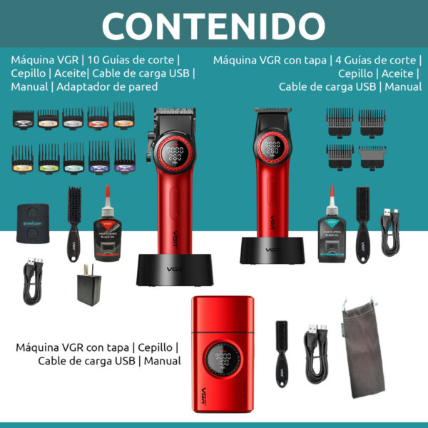 Combo Barbería Vgr Clipper V-001 + Afeitadora V-377 + V-977 Rojo - Image 9