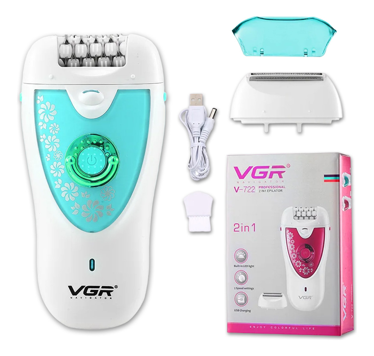 Depiladora Eléctrica Mujer VGR V-722 Cara Cuerpo Cejas 2en1 Verde