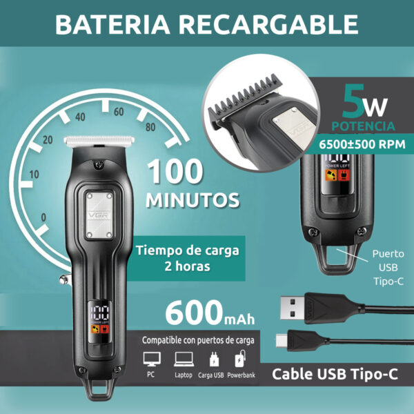 Máquina Trimmer Profesional Recargable VGR V-918 Usb T-Blade - Image 3