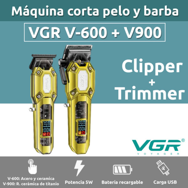 Combo Vgr Maquina Corte Pelo V-600 + Trimmer V-900 7000rpm - Image 2