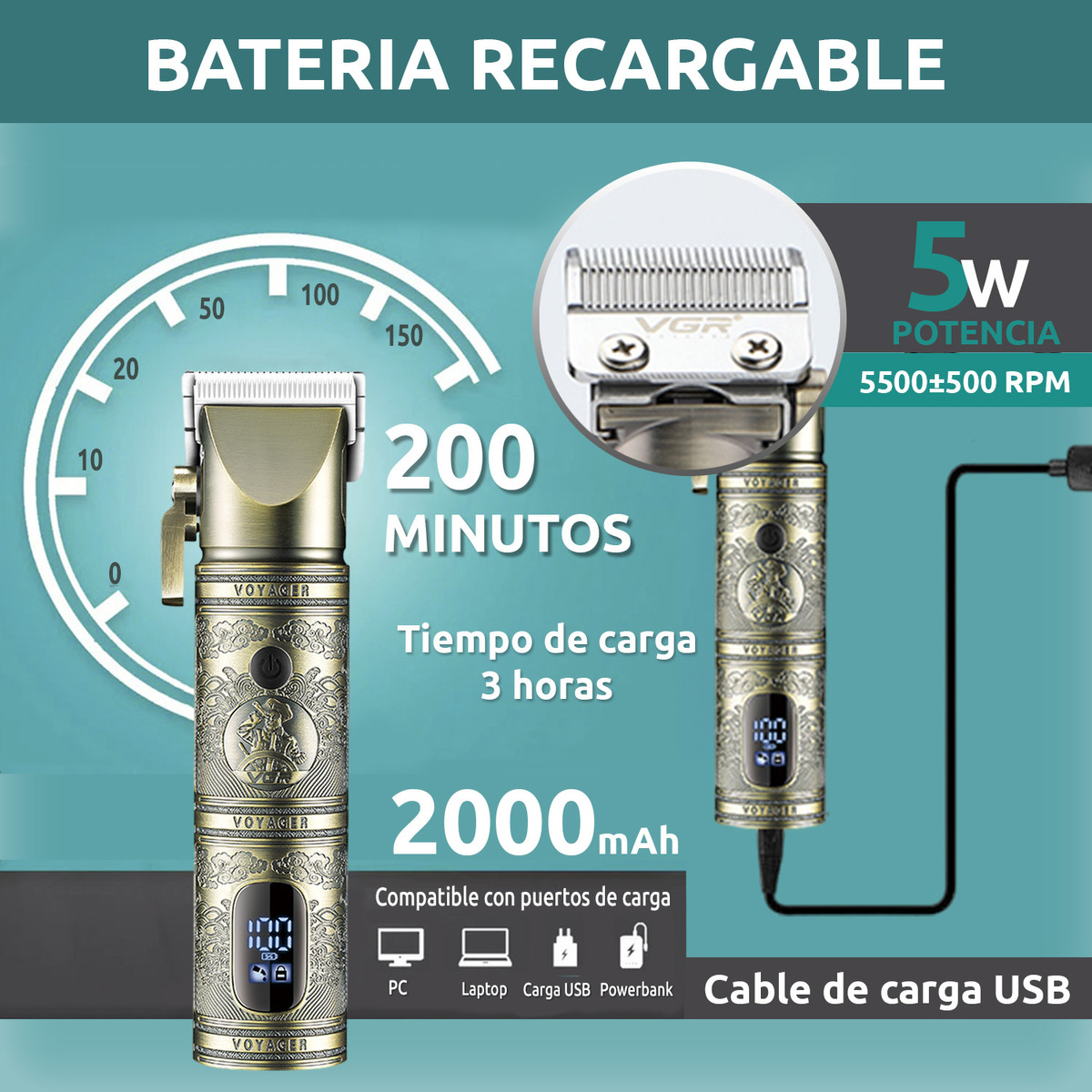 Máquina Cortar Pelo Profesional VGR V-697 Metal Usb 8 Peines - Image 3