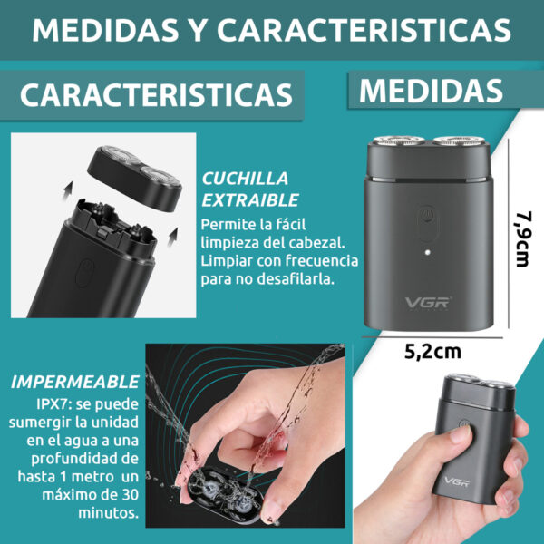 Afeitadora Eléctrica Portatil VGR V-341 Usb Tipo C Viajera - Image 7