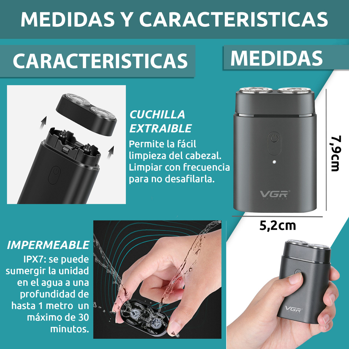 Afeitadora Eléctrica Portatil VGR V-341 Usb Tipo C Viajera - Image 7