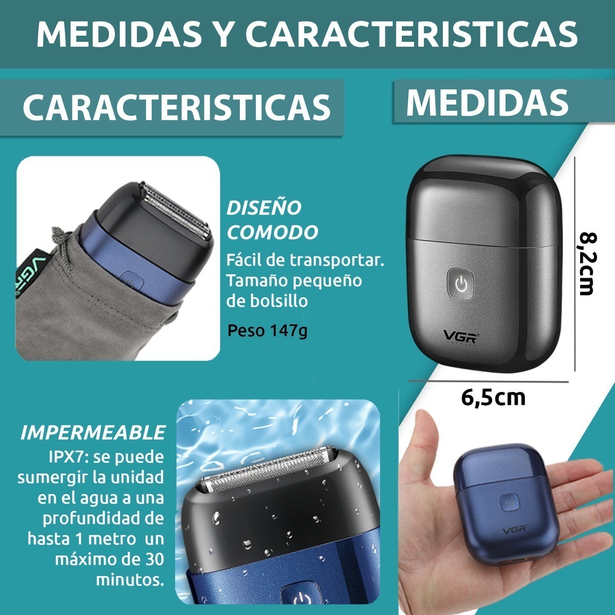 Afeitadora Eléctrica VGR V-340 Portatil Usb Triple Hoja IPX7 - Image 7