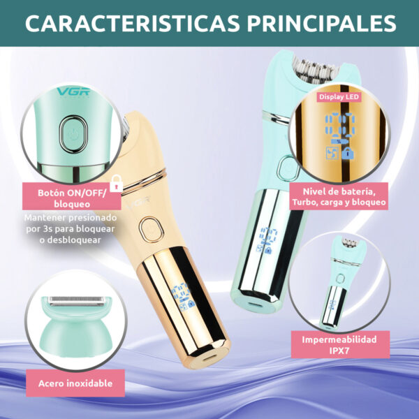 Depiladora Eléctrica Mujer Facial 7en1 Vgr V-756 Ipx7 Turbo - Image 4