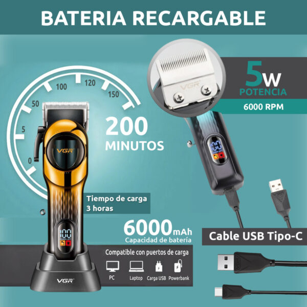 Cortadora de Pelo Profesional Inalambrica VGR V-166 Usb AFA - Image 3