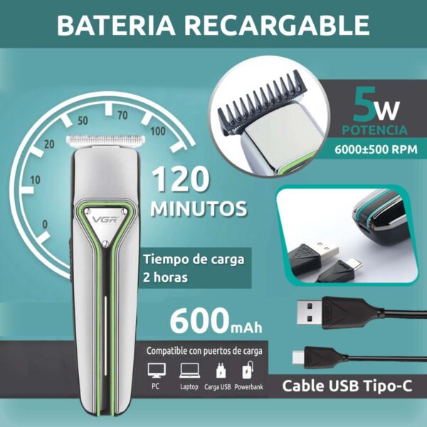 Máquina Patillera Profesional Recargable VGR V-008 Tipo C - Image 3