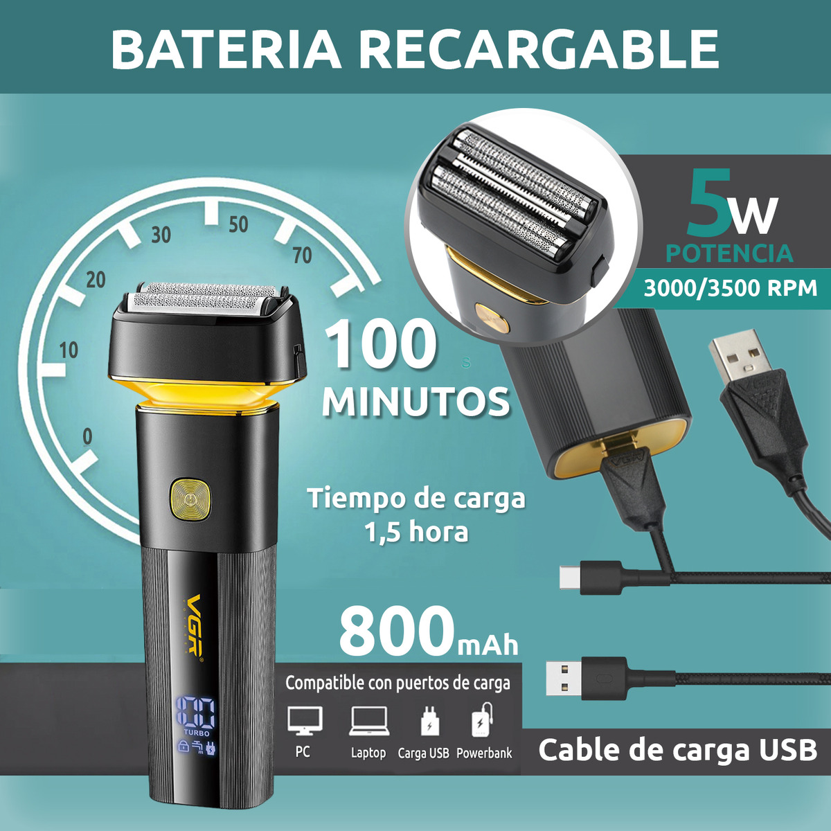 Afeitadora Eléctrica 2en1 Trimmer VGR V-355 Usb Turbo IPX6 - Image 3
