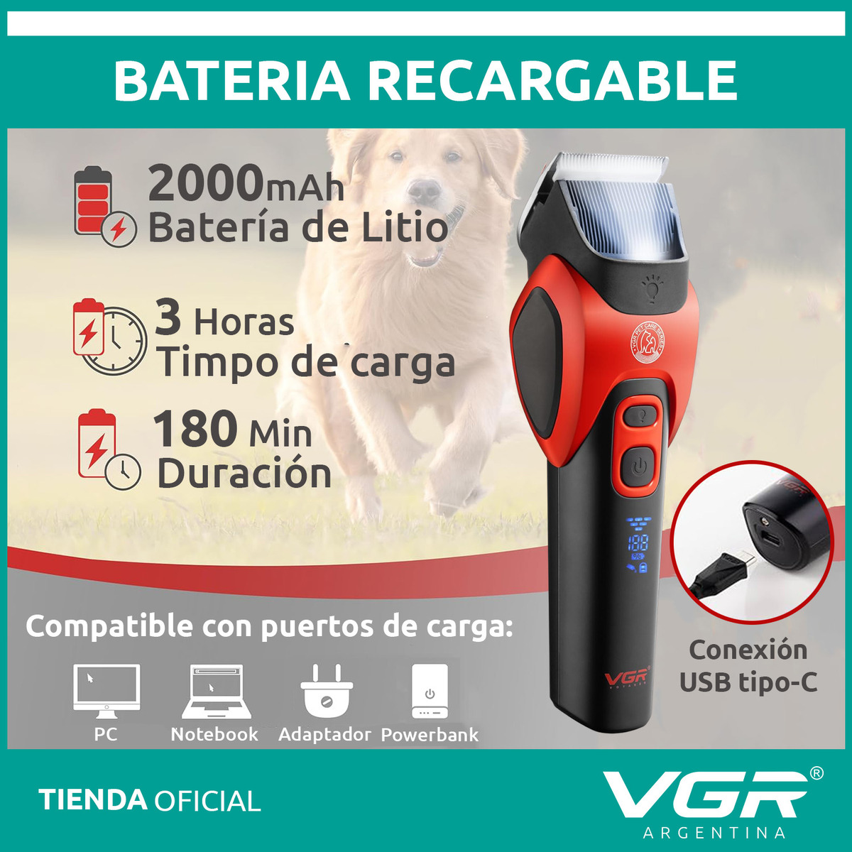 Máquina Cortar Pelo Perros Mascotas VGR V-208 Luz Cerámica Azul - Image 3