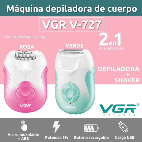Depiladora Eléctrica Mujer Facial Corporal 2en1 VGR V-727 - Image 2