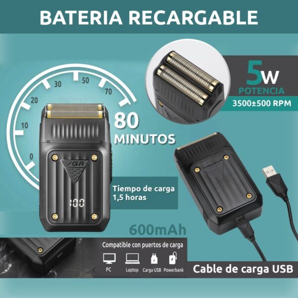 Afeitadora Eléctrica Hombre Shaver VGR V-363 Usb Doble Hoja - Image 3