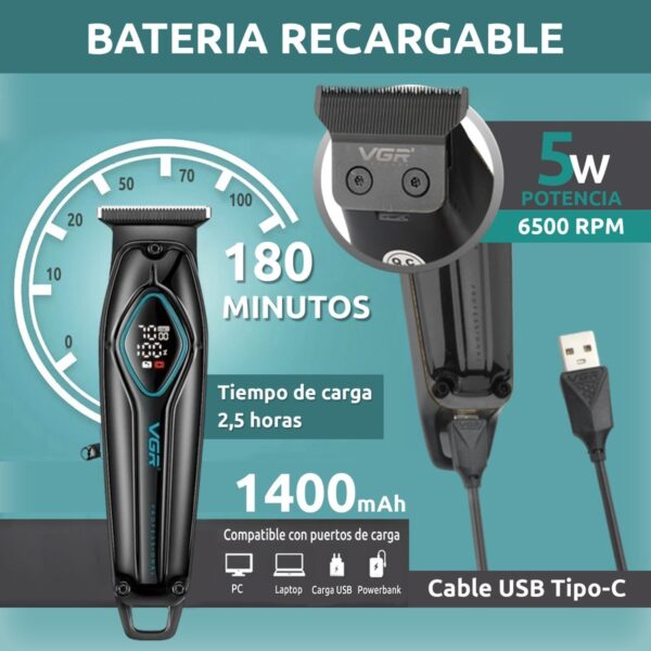 Máquina Trimmer Corta Pelo VGR V-945 Usb Cerámica 7000rpm - Image 3