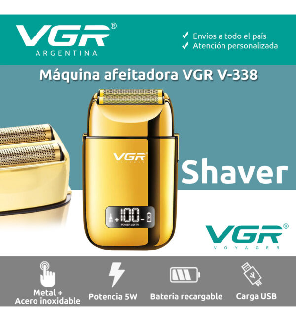 Afeitadora Eléctrica Hombre Shaver VGR V-338 Metal Usb Dorado - Image 2