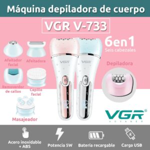 Depiladora Eléctrica Mujer Facial 6 en 1 VGR V-733 Usb IPX7