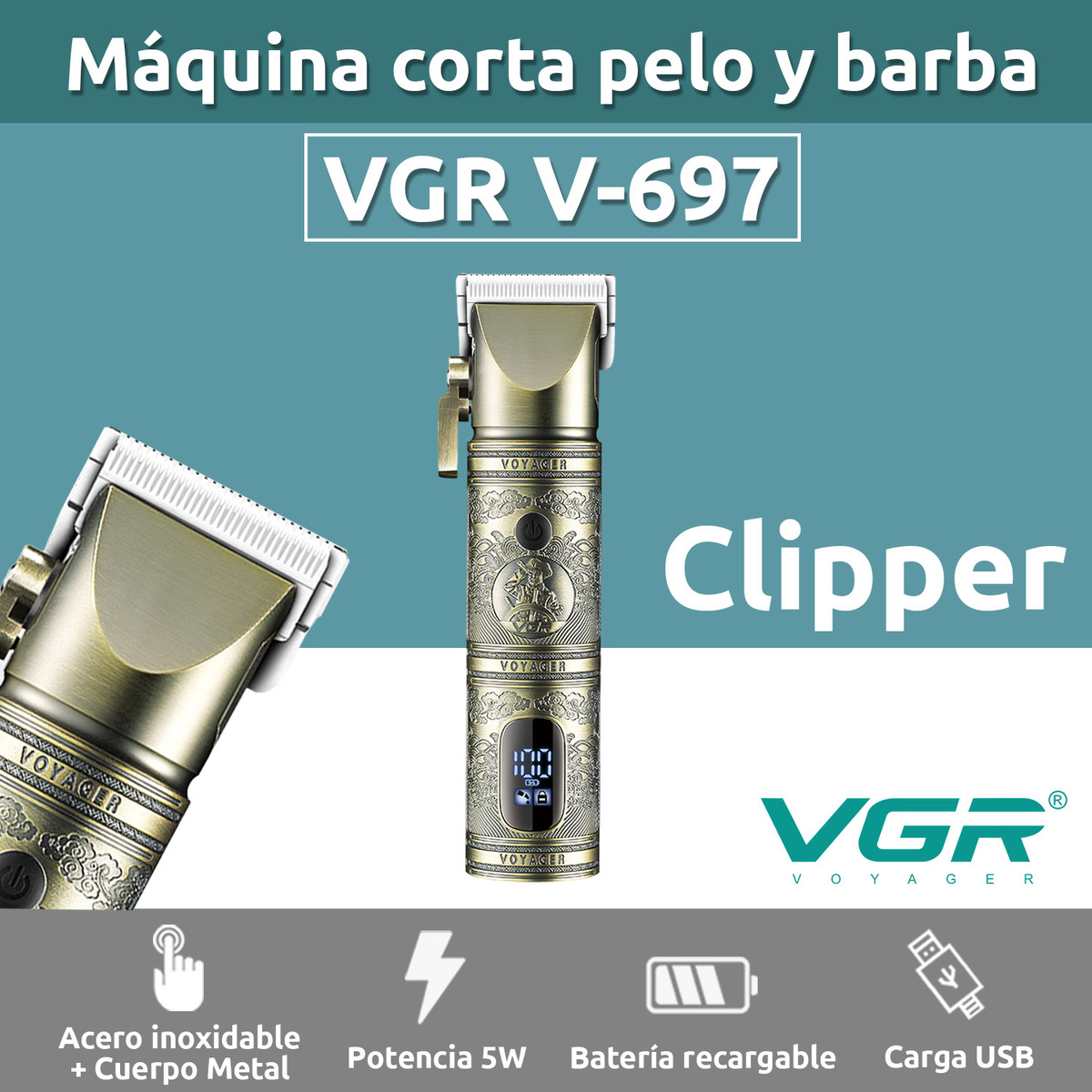 Máquina Cortar Pelo Profesional VGR V-697 Metal Usb 8 Peines - Image 2