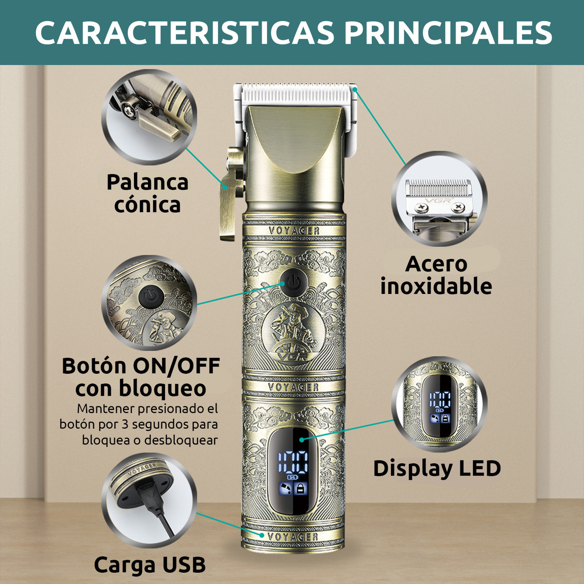 Máquina Cortar Pelo Profesional VGR V-697 Metal Usb 8 Peines - Image 4