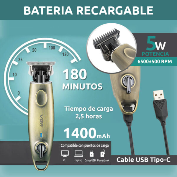 Máquina Patillera Profesional VGR V-978 Metal Usb 5 Peines - Image 3