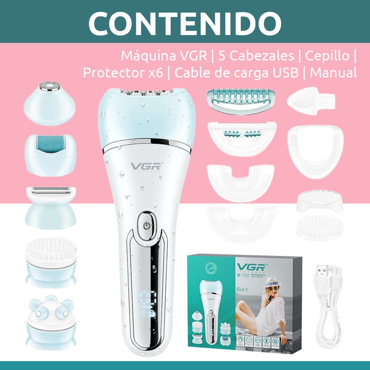 Depiladora Eléctrica Mujer Facial 6 en 1 VGR V-733 Usb IPX7 - Image 8