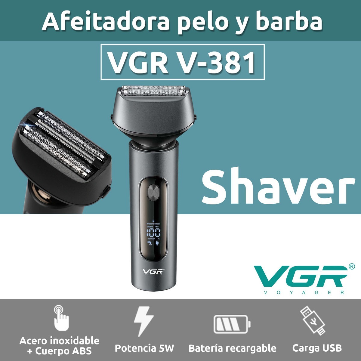Afeitadora Eléctrica Shaver VGR V-381 Usb Triple Hoja IPX7 - Image 2