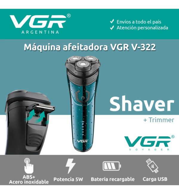 Afeitadora Eléctrica Hombre VGR V-322 Patillera 2en1 Usb Azul - Image 2
