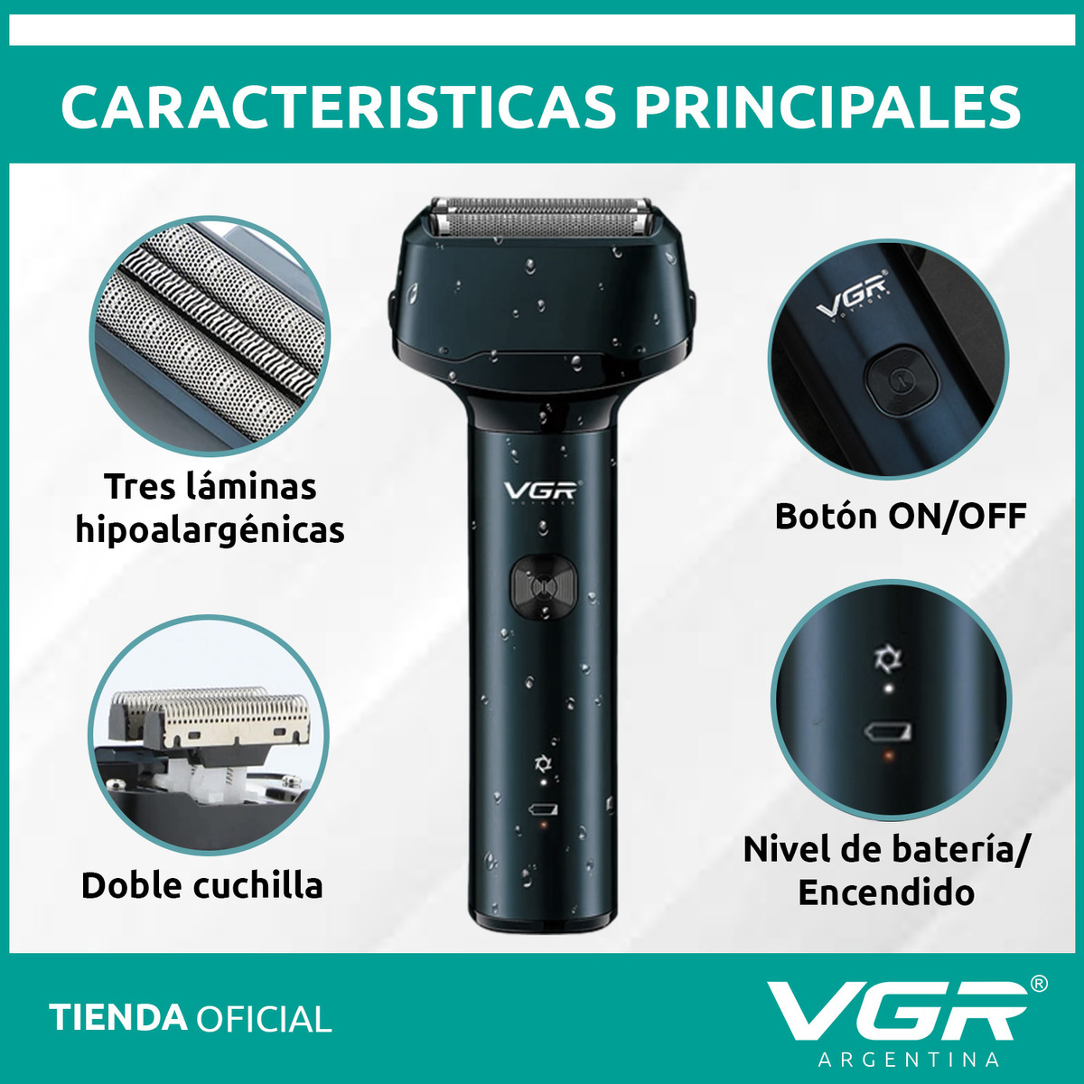 Afeitadora Eléctrica VGR V-370 Patillera 2en1 Impermeable Azul - Image 4