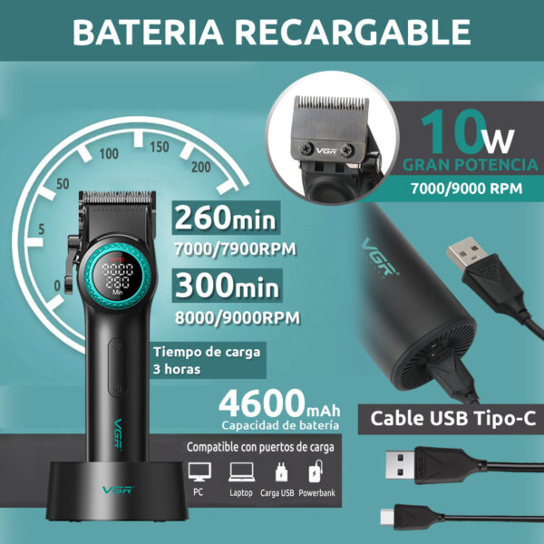 Máquina Barbería Profesional Corta Pelo VGR V-001 9000 RPM - Image 3