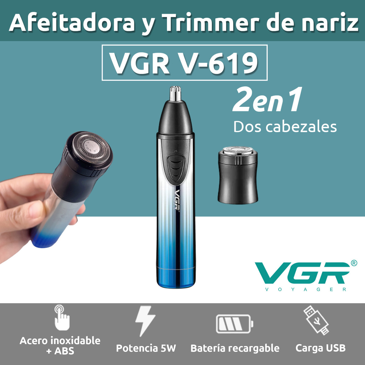 Máquina Afeitadora Nariz Oído Oreja Barba 2en1 Vgr V-619 Usb - Image 2