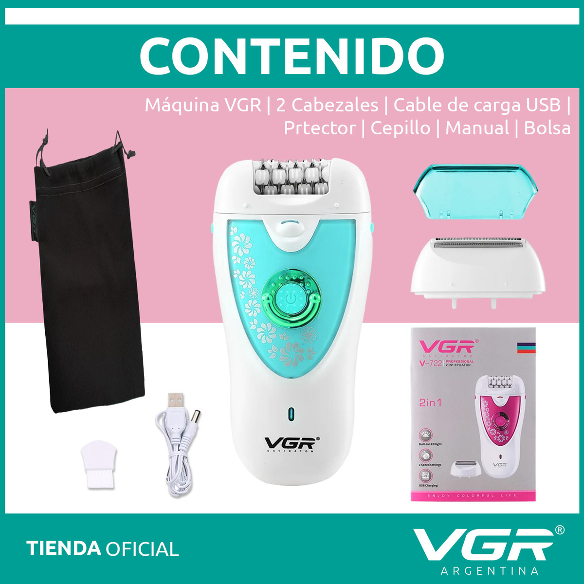 Depiladora Eléctrica Mujer VGR V-722 Cara Cuerpo Cejas 2en1 Verde - Image 8