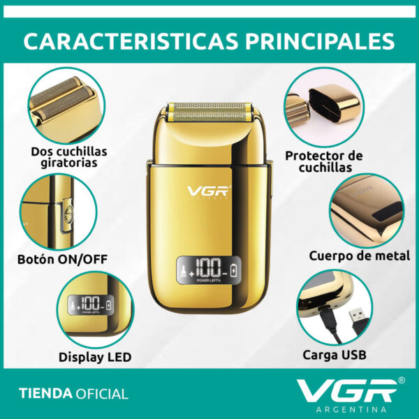 Afeitadora Eléctrica Hombre Shaver VGR V-338 Metal Usb Dorado - Image 4