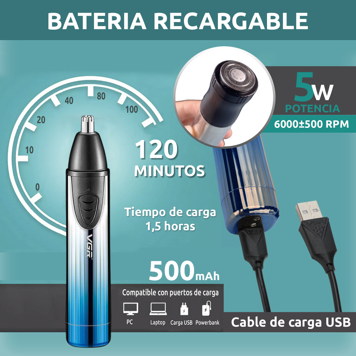 Máquina Afeitadora Nariz Oído Oreja Barba 2en1 Vgr V-619 Usb - Image 3