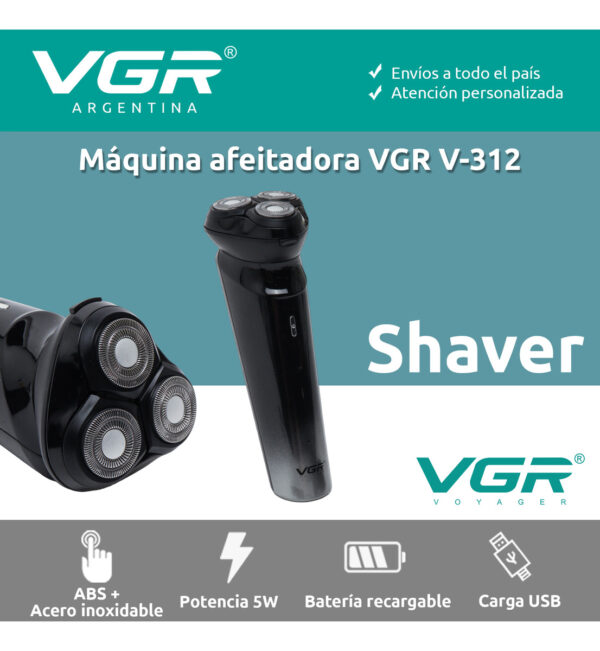 Afeitadora Eléctrica Hombre Shaver VGR V-312 Usb Inalámbrica Negro - Image 2