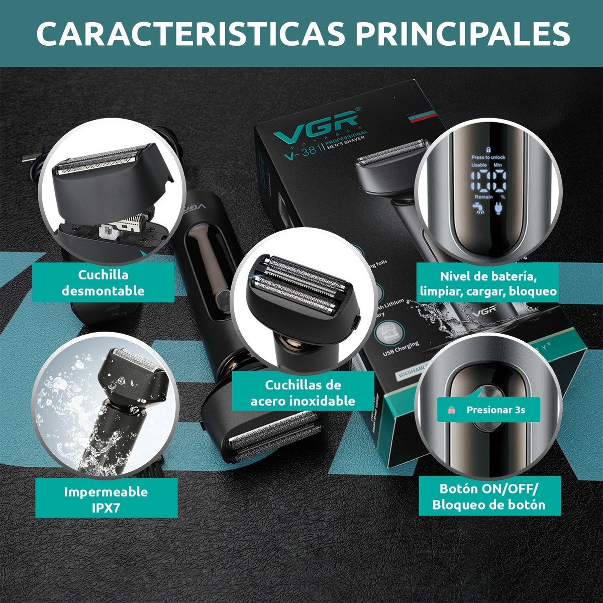 Afeitadora Eléctrica Shaver VGR V-381 Usb Triple Hoja IPX7 - Image 4