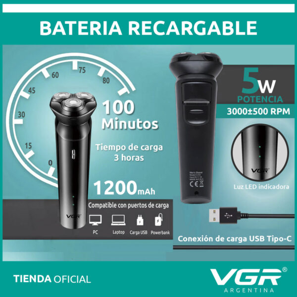 Afeitadora Eléctrica Hombre Shaver VGR V-312 Usb Inalámbrica Negro - Image 3