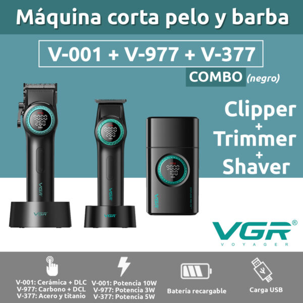 Combo Barbería Vgr Clipper V-001 + Afeitadora V-377 + V-977 Negro - Image 2