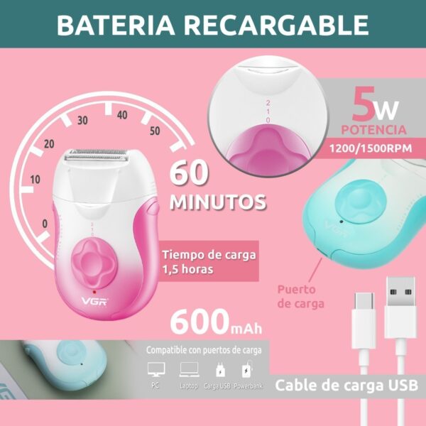 Depiladora Eléctrica Mujer Facial Corporal 2en1 VGR V-727 - Image 3